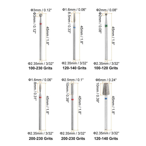 Six Piece Diamond Grinding Bit Set For Rotary Tools With 1.6mm, 2mm, 2.5mm, 3mm, And 6mm Sizing, 2.35mm Shank, 45mm Length