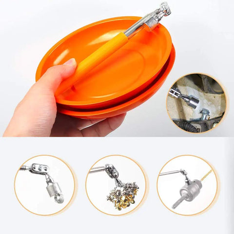 Hand holding Magnetic Parts Tray Set With Two Magnetic Bowls And Telescopic Magnetic Pick Up Tool For Easy Garage Organization