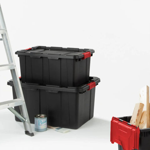 Heavy Duty Plastic Storage Totes With Secure Snap Lids For Garage Shed Organization 15 Gallon 18 Pack stacked next to a ladder.