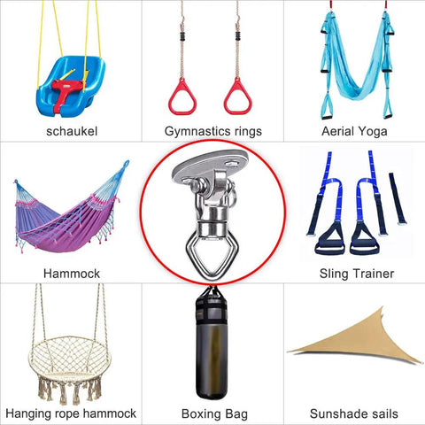 Beefy Bearing Swivel Swing Hanger 800Lb Capacity Stainless Steel Ceiling Mount Kit featured with various uses for gym and home.