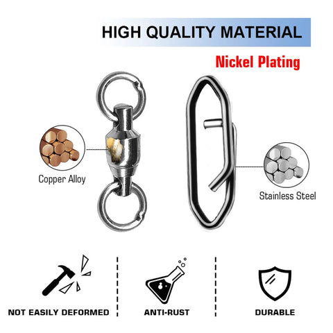 Pro Grade Stainless Steel Snap Connectors With Ball Bearings Swivels Quick Change Clips Black Nickel Finish 44lbs Capacity 25 Pieces Tackle Box Ready Fishing Gear nickel plated connector