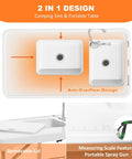 Top view of Beefy All Weather Folding Fish Cleaning Table With Dual Sinks, foldable faucet, measuring scale, and spray gun.