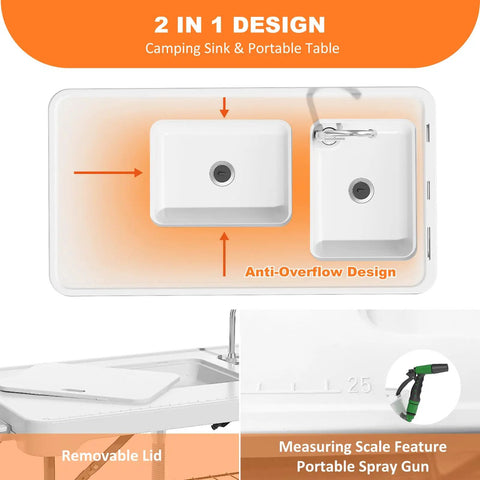 Top view of Beefy All Weather Folding Fish Cleaning Table With Dual Sinks, foldable faucet, measuring scale, and spray gun.
