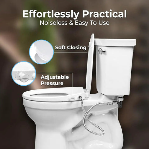 Left Side Elongated Bidet Toilet Seat With Dual Nozzles, T Adapter And Bottle, adjustable water pressure, slow close lid