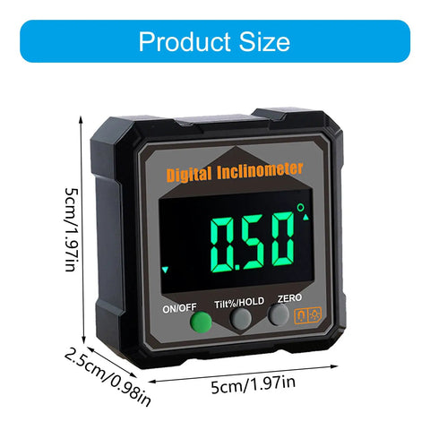Tough As Nails Digital Angle Finder Crisp Readings Electronic Protractor displayed with dimensions of 5cm x 2.5cm for precise measurements.