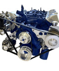 Big Block Ford 429 460 Serpentine Pulley Conversion Kit With Mechanical Water Pump Alternator Power Steering And AC Drive Belt Assembly For 1970 Plus Engines, showcasing steel and aluminum components.