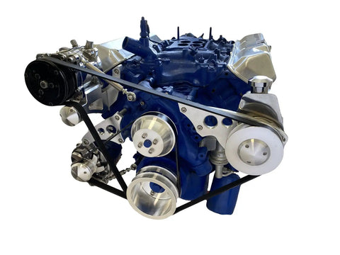 Big Block Ford 429 460 Serpentine Pulley Conversion Kit With Mechanical Water Pump Alternator Power Steering And AC Drive Belt Assembly For 1970 Plus Engines, showcasing steel and aluminum components.