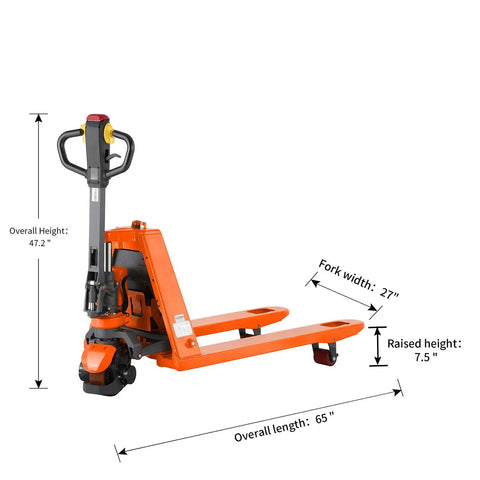 Rock Solid Fully Electric Pallet Jack With A Massive 3300 Lb Capacity And Quick-Charge Lithium Battery For Smooth Warehouse Moves Featuring 48 By 27 Inch Forks Perfect For Heavy Indoor Storage Or Daily Material Handling Jobs Without The Sweat, with dimensions 47.2” height and 27” fork width.