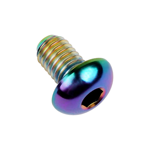 Rainbow Titanium M5x8mm bolt, button head with 3mm Allen socket, side view, ultra light 6Al4V Gr5 Ti alloy, 9.5mm head diameter