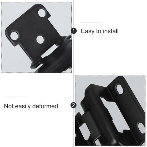 Close-up of black steel self-closing cabinet hinges showing installation holes and durable construction details.