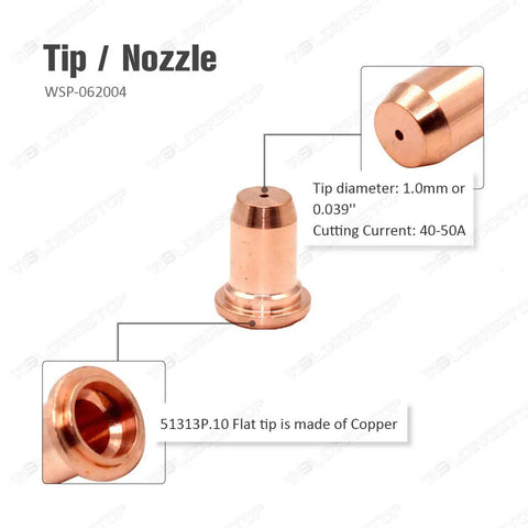 Copper tip nozzle from 24 Piece 1.0mm Electrode And Tip Kit For PT-40 IPT-60 PT60 Plasma Cutter Torch Consumables