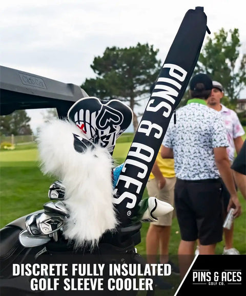 Black 7 Can Golf Bag Beer Cooler That Discreetly Stores Up To 7 Cans Insulated Sleeve in Golf Bag on Course with People