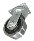 Eight Inch Kingpinless Heavy Duty Swivel Caster With Forged Steel Wheel Delivers An Eleven Thousand Pound Capacity angled view showing sturdy design.