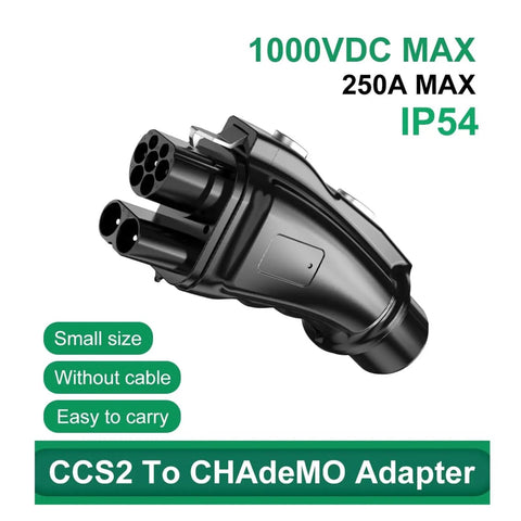 CCS2 To CHAdeMO Adapter with 1000VDC max and 250A capacity, compact design for easy carrying, heavy duty for EV charging.