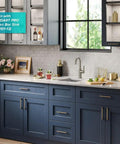 Oletto Single Handle Kitchen Bar Faucet in Spot Free Stainless Steel, installed in modern kitchen setting with blue cabinets.