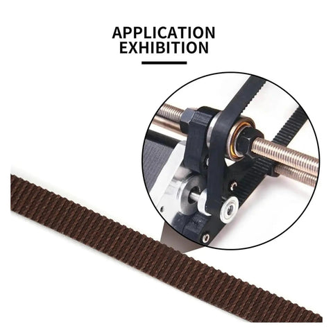 Top Shelf 3D Printer Synchronous Timing Belt GT2 9MM Wide showing reinforced core detail and application setup.
