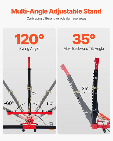 6T Auto Body Frame Puller Straightener with adjustable angles demonstrating 120° swing and 35° tilt for efficient vehicle repair