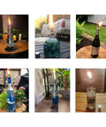 Six Pack Wine Bottle Torch Wicks Kit For Outdoor Lighting Citronella Garden Torches shown in various glass bottles