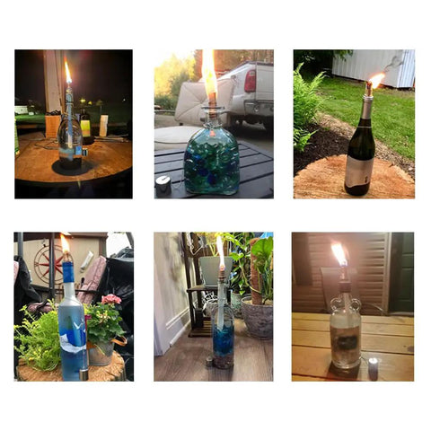 Six Pack Wine Bottle Torch Wicks Kit For Outdoor Lighting Citronella Garden Torches shown in various glass bottles