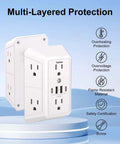Wall Mount Outlet Extender With Heavy Duty Surge Guard Six Widely Spaced AC Outlets Four USB Charging Ports displayed with protection features.