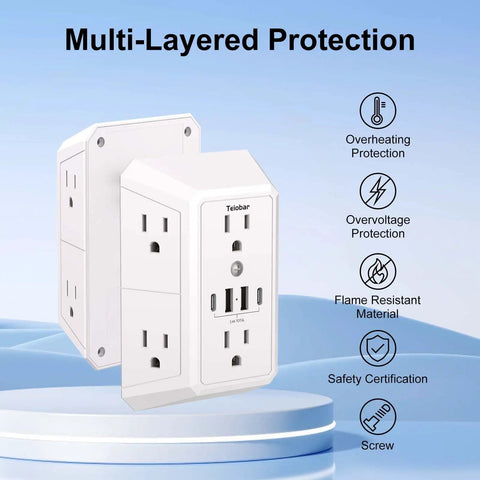 Wall Mount Outlet Extender With Heavy Duty Surge Guard Six Widely Spaced AC Outlets Four USB Charging Ports displayed with protection features.