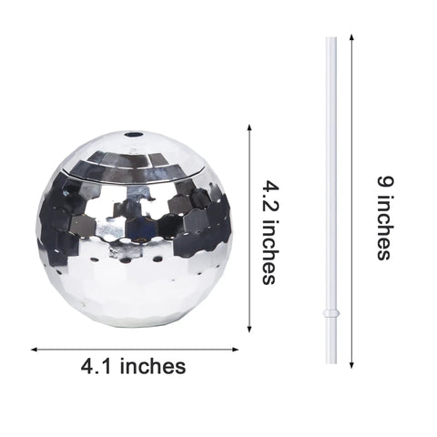 Disco Ball Cups 4-Pack Reusable Tumblers With Straws For Party Nights, shown with size dimensions; durable PS material