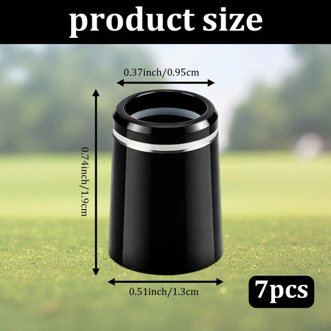 Seven Piece Black Golf Ferrules With Silver Ring For 0.370 Inch Iron Shafts DIY Friendly Club Building Repair And Shaft Install Durable ABS Ferrule Set For Easy Install And Upgrade shown in dimensions view