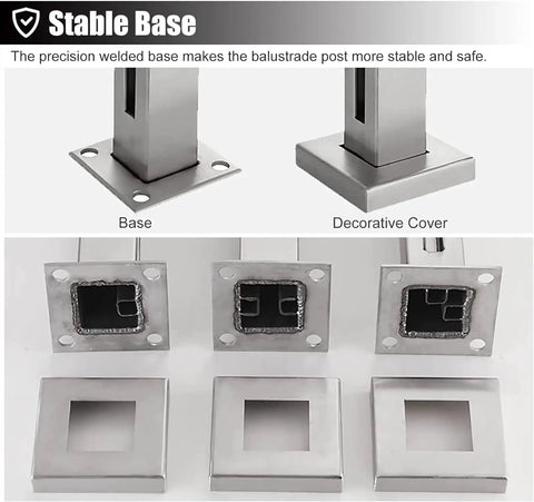 Hella Durable Glass Balustrade Posts With Slick Silver Finish Crafted From Heavy Duty 304 Stainless Steel base and decorative cover.