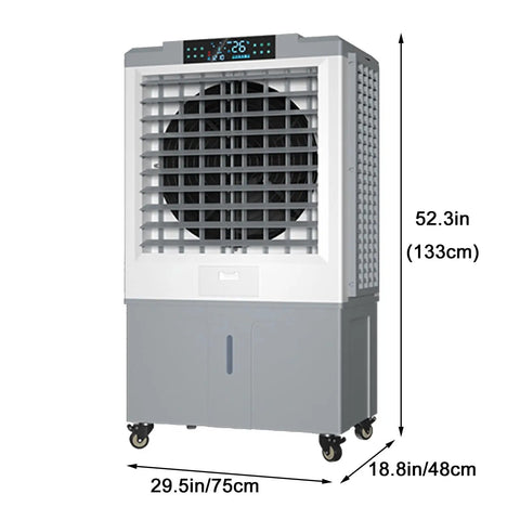 Beat The Summer Swelter With This Pro Level Portable Evaporative Air Cooler featuring a grey plastic housing and digital display.
