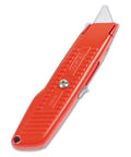 Interlock Safety Self-Retracting Utility Knife With Round Point Blade Alloy Steel Handle Grippy Contoured Grip shown in red