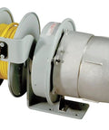 Tough Built Explosion Proof Retractable Power Cord Reel Packed With 14/4 Soow Wire Supplying 50 Feet, gray steel housing.