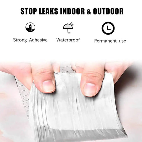 Hands holding Butyl Waterproof Repair Tape 5cm By 5m Ultra Weatherproof Sealant for Roof Leaks, Window Cracks, Pipe Repairs.