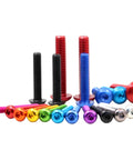 Front view: 10-piece set of M3 mushroom-head hex socket screws in assorted colors (7075-T6 aluminum).
