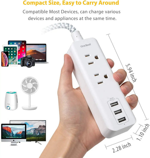 Person holding Go-To USB Charging Station With 2 Outlets And 3 USB Ports 3.1A 15W Desktop Power Hub, showing size dimensions.