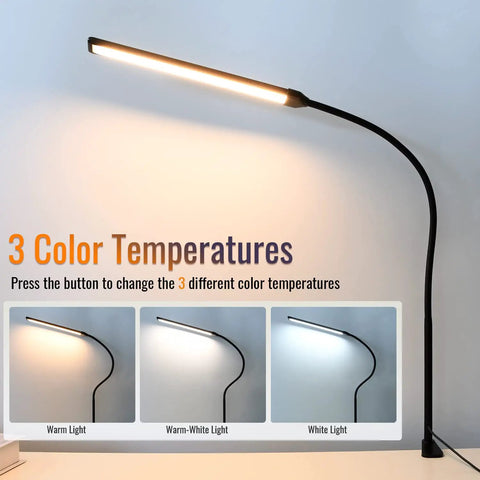 Lit LED Desk Lamp With Clamp showing 3 color modes, warm, warm-white, and white light on flexible 360 degree gooseneck