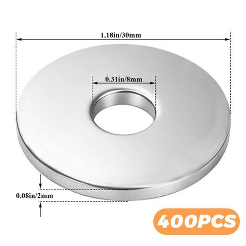 400 Piece Zinc Plated Carbon Steel Flat Washers 8mm ID x 30mm OD x 2mm Thick Fender Washers product image.