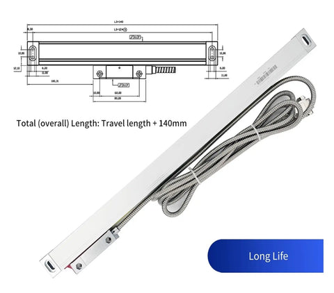 Dimension diagram of Three Axis Digital Readout DRO Kit With 0.005mm Resolution For Milling Machine Lathe And CNC Use A Rock Solid Linear Scale Grating Ruler, showing scale and cable detail.