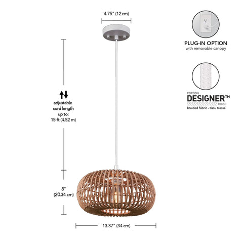 Dimensions of Fitz 1-Light Pendant Light With Blonde Rattan Shade And White Socket, Plug-In Or Hardwire Ceiling Mount displayed.