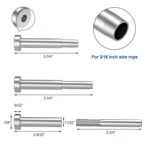 Detailed dimensions of 40 Pack Stainless Steel Invisible Receiver And Swage Stud End Fittings For Three Sixteenths Inch Cable Railing