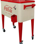 80 Quart Ice Cold Retro Metal Cooler With Wheels In Cream And Red Holds 100 Plus Cans Removable Double Lid Insulated Liner