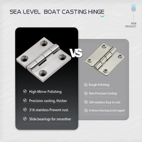 Front view of two stainless boat hatch hinges; left 316 stainless with mirror polish, right 304 with rough polish.