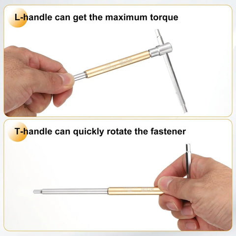 Real Heavy Duty 4Mm Metric Sliding T Handle Hex Key Wrench showing L and T handle positions for maximum torque and fastener rotation.