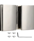 Rock Solid Double Sided Hinge For Frameless Glass Shower Door Stainless Steel Flat Polished Finish with mounting accessories.