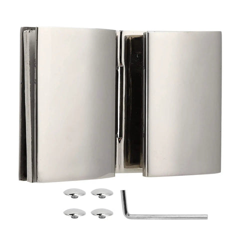 Rock Solid Double Sided Hinge For Frameless Glass Shower Door Stainless Steel Flat Polished Finish with mounting accessories.