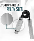 Close-up of Metal Hand Grip Set 100Lb To 200Lb Three Pack No Slip Heavy Duty Grip Strength Trainer with alloy steel texture.