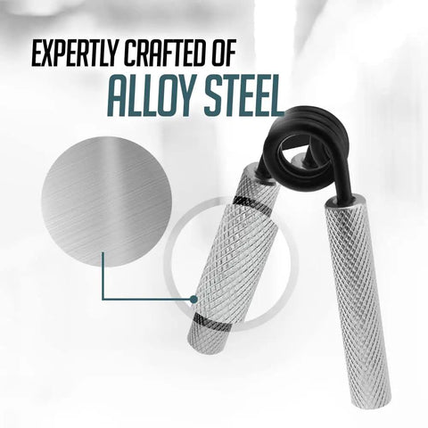 Close-up of Metal Hand Grip Set 100Lb To 200Lb Three Pack No Slip Heavy Duty Grip Strength Trainer with alloy steel texture.