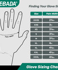 Glove sizing chart showing hand with palm width measurements from XXXS to XXXL for finding glove size.