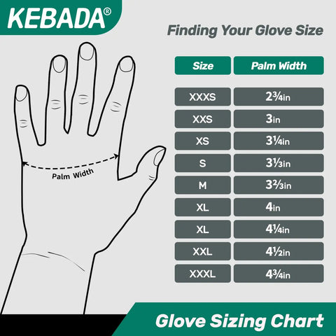 Glove sizing chart showing hand with palm width measurements from XXXS to XXXL for finding glove size.