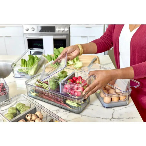 Removable Drainage Tray Storage Bin For Refrigerator And Pantry, Stacking Bin With Lid And Inner Basket, BPA Free, storing veggies