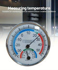 Portable Thermo Hygrometer With Handy Wide Temperature Range From Minus Thirty To Fifty Celsius And Humidity From Twenty To One Hundred Percent Easy Read Round Dial With Color Indicator Wall Mount Or Free Standing Indoor Outdoor No Electric, silver round dial